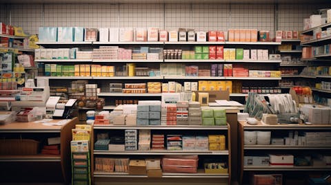 A well-stocked stationery store, depicting a range of consumer products for sale.