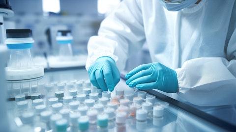 A close-up of a laboratory technician in a laboratory, measuring a newly developed biopharmaceutical drug.