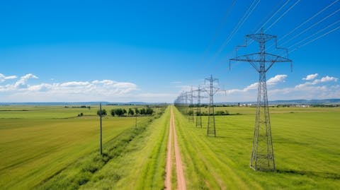 Aerial view of well-maintained overhead power lines stretching along a rural landscape.