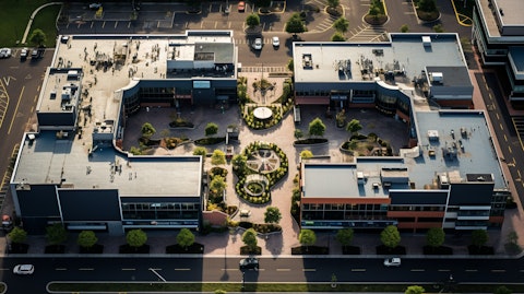 An overhead shot of a shopping complex with a variety of stores, restaurants and service providers.