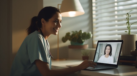 A nurse in a telehealth platform talking with a patient on video call for consultation.