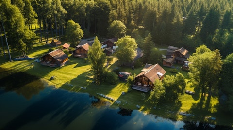 An aerial view of a vacation cabin park, nestled in a tranquil natural landscape.