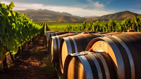 A picturesque vineyard in North America with wine barrels in storage.