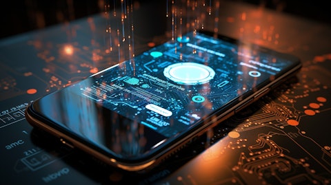 A close-up of a smart connected device, with code written in the background.