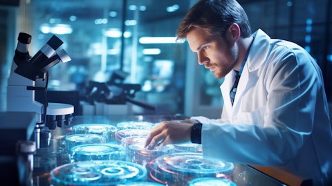 A biologist in a lab coat studying a culture of cells to find a cure for metabolic disorders.