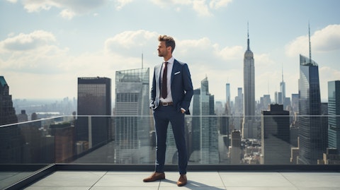 A real estate agent standing on the rooftop of a modern building with dynamic skylines in the background.