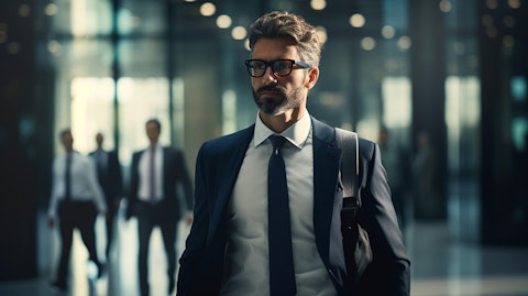 An investment banker in a power suit entering an exclusive board room with a confident stride.