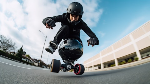 A skateboarder capturing 360-degree footage of their ride with a GoPro camera on a mountable accessory.