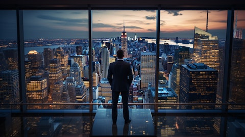 A high powered financial executive in their sleek office, looking down from a skyscraper.