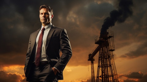 A businessman standing in front of an oil derrick set against a dramatic sky.