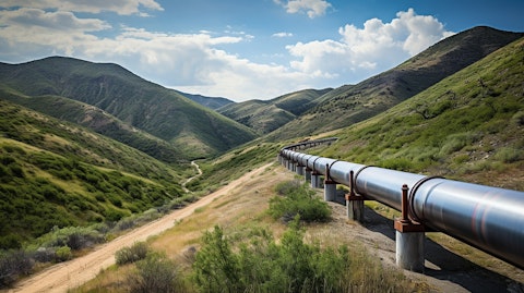 A pipeline snaking its way through the hills and valleys of the Delaware Basin.