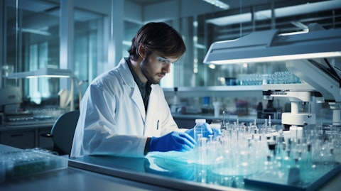 A lab technician analyzing a sample in a laboratory, showing the rigorous research conducted by the biopharmaceutical company.