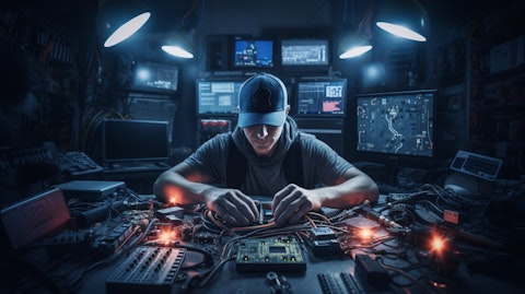 An engineer working in a tech lab, surrounded by tools and components.
