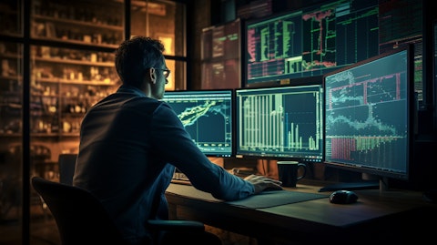 A financial analyst at a trading desk, monitoring large scale investments in real-time.