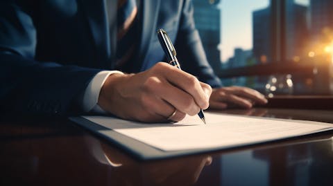 A portrait of a confident, affluent businessperson signing a money market savings account agreement.