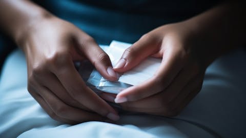 A close-up of an individual woman's hands grooming her body with the company's feminine care products.