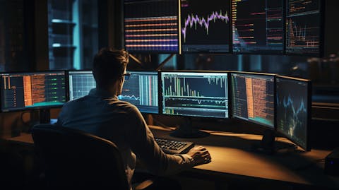 A financial analyst working at a desk of computer monitors reviewing data.