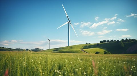 A modern wind turbine in a farm, symbolizing the company's commitment to renewable energy.