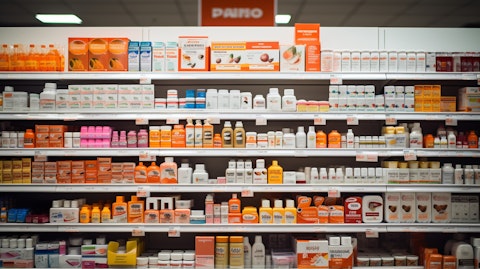 A display of drug products in a specialty pharmacy, to demonstrate the widespread availability of the company's products.