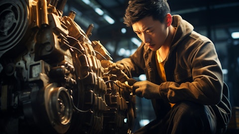 A factory worker examining the inner workings of a complex machinery.