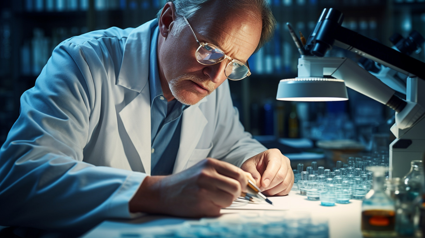 A research scientist in a lab, analyzing therapeutic agents for ocular inflammation, dry eye disease and glaucoma.