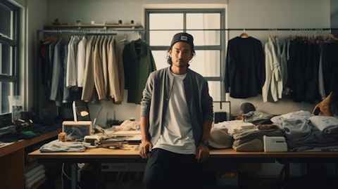 A view of a designer staff in front of a studio with lifestyle apparel they designed.