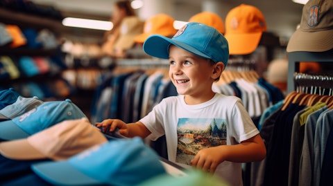 A young boy happily shopping in a children's apparel retail store.