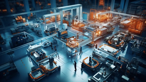 An overhead view of an electronic manufacturing plant, its intricate machinery and precision automation in action.