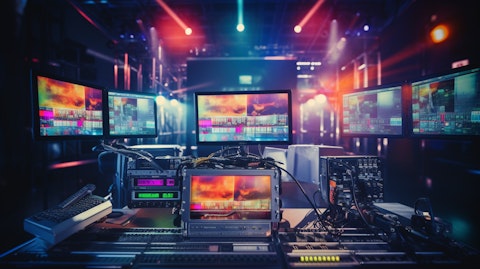 A close up view of television broadcasting equipment in an operating studio.