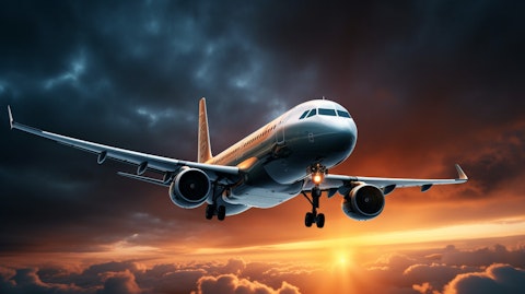 A commercial aircraft in flight, its engines illuminated against a dramatic sky.
