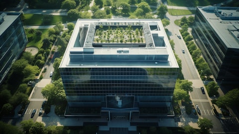 A sky high view of the corporate headquarters indicating the large scale of the company.