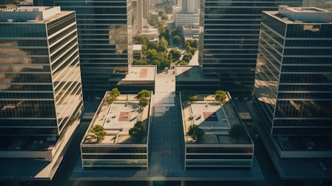 Aerial view of the modern office buildings of a prominent real estate investment trust in Los Angeles, California.