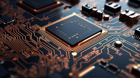 A close up of an electronic circuit board, showing intricate detail.