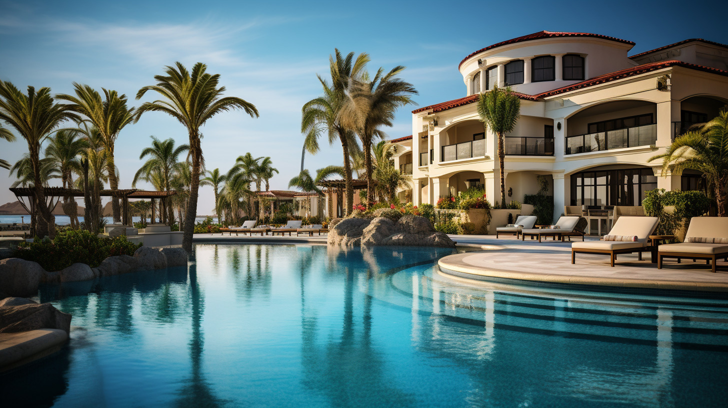 A luxurious resort hotel with a pool and beach in the backdrop.