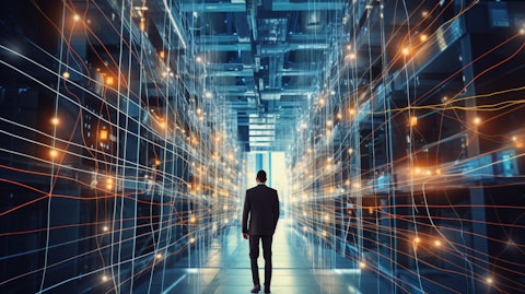 A well-dressed executive walking along a network of wires, demonstrating the power of a telecommunications company.