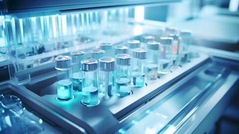 A close-up of a biopharmaceutical technology device in a pristine laboratory.