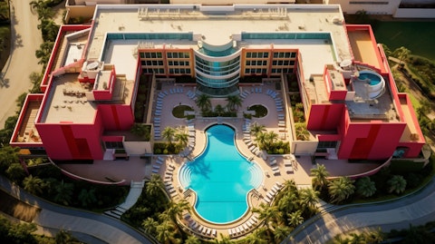 An aerial view of a luxury hotel, its vibrant colors and modern architecture reflecting a sense of elegance.