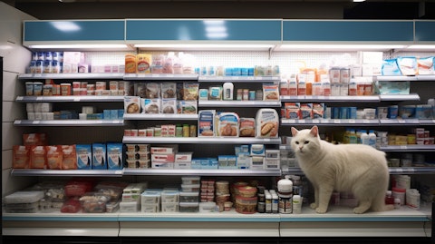 A pharmacy counter stocked with diverse pet medications.