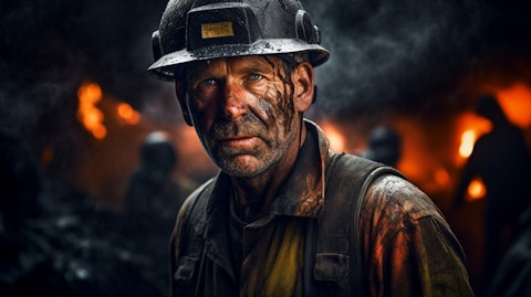 A coal miner emerging from a vast underground mining operation, his clothes blackened from the day's work.