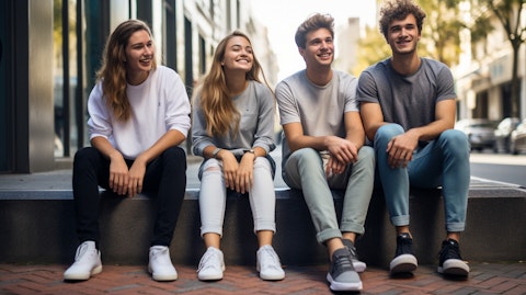 A group of young millennials in casual attire wearing the company's footwear.