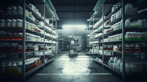 A pharmaceutical warehouse with drugs and batches of medicines lined up on racks.