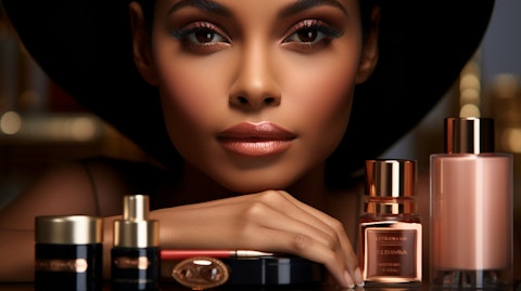 A close-up of a woman's face wearing a beauty product, highlighting the company's range of luxury items.