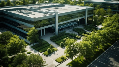 Aerial view of a suburban office building, showcasing its modern architecture and lush green landscaping.