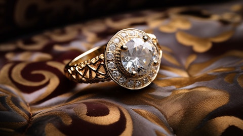 A detail view of a handcrafted diamond ring, placed atop a velvet pillow on a jeweler's tray.