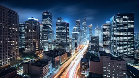 Long exposure of a busy city skyline featuring tall roof tops of different hotel brands.