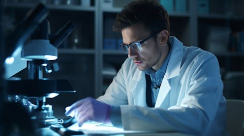 A doctor in a lab coat examining a patient's test results that indicates a hereditary cancer.