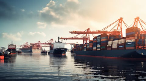 A processional line of imposing cargo ships in a large port, capturing the scope of the company's ocean transportation business.
