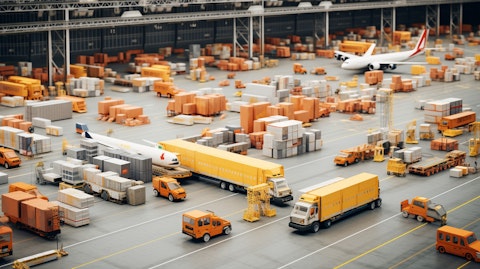 A busy logistics center filled with trucks and planes, showing the scale of the companies operations.