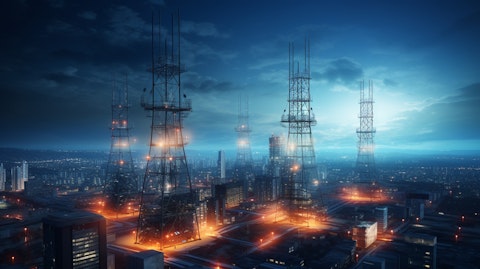A skyline view of futuristic telecommunications towers.