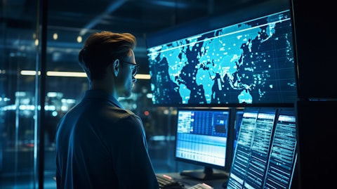 A technician remotely monitoring and managing a server in a secure data center.